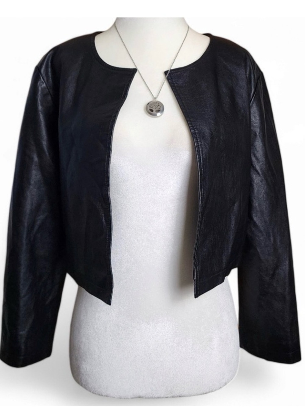 Black Faux Leather Open-Front Women's Jacket